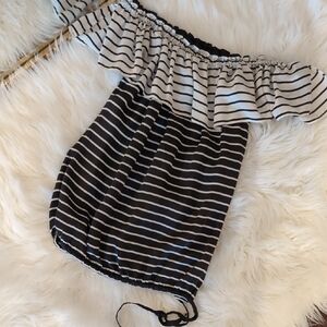 White House Black Market Black and White Striped Silk Top